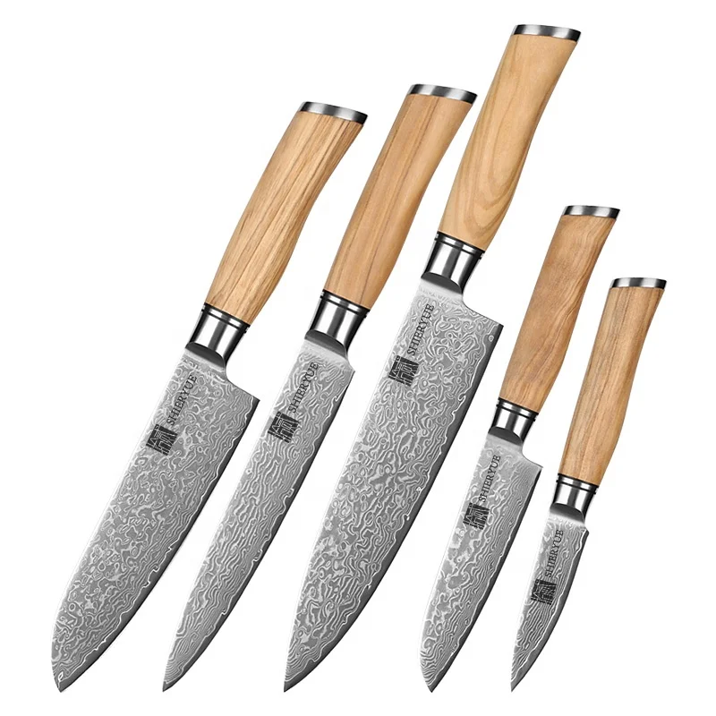 Высококачественная упаковка VG10 набор кухонных ножей включая santoku нож для очистки овощей рукоятка из оливкового дерева дамасский шеф-поварских