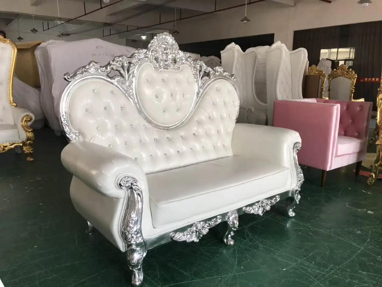 Silver frame white leather double seat throne chair
