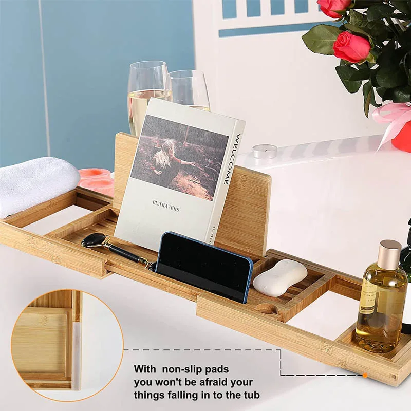 Wholesales Extending Sides Bath Table Adjustable Caddy Tray Bamboo Adjustable Bathtub Tray