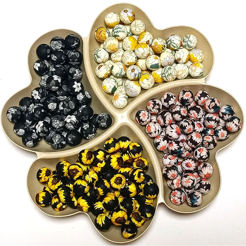 2022 New Design Popular Leopard Print Silicone Beads Food Grade 15mm Round Silicone Teething Beads For Keychain Bracelet