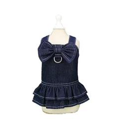 Spring Summer Pet Clothes Big Bow Tie Denim Dog Dress Shirt Suit with D-ring Leash Hole