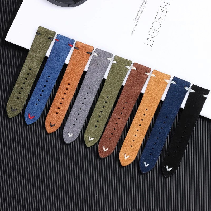 Suede Leather Watch Strap 18mm 19mm 20mm 21mm 22mm 24mm Grey Vintage Band Replacement Wristband Handmade Stitching Watchband