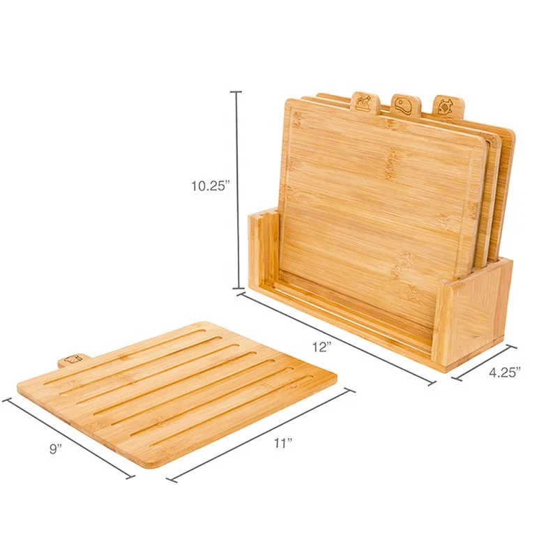 Kitchen holder Bread Meat Chicken and Fish Bamboo Index Cutting Board Set 4 Piece All Natural Wood Chopping Board with Stand