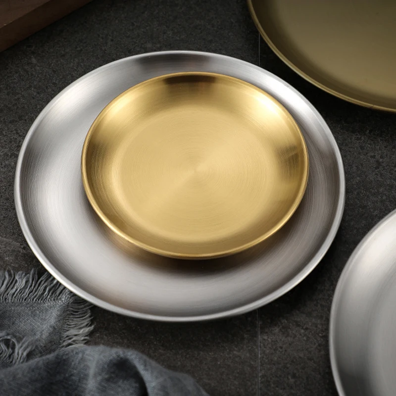 Custom Logo Korean Stainless Steel Barbecue Plate 14cm 17cm 20cm 30cm Round Tray Serving Dishes Plates