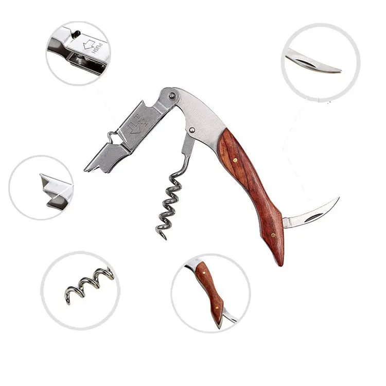 China Suppliers Professional Bar Opener Waiters Corkscrew with Ergonomic Wooden Grip Wine Key Beer Bottle Opener Foil Cutter