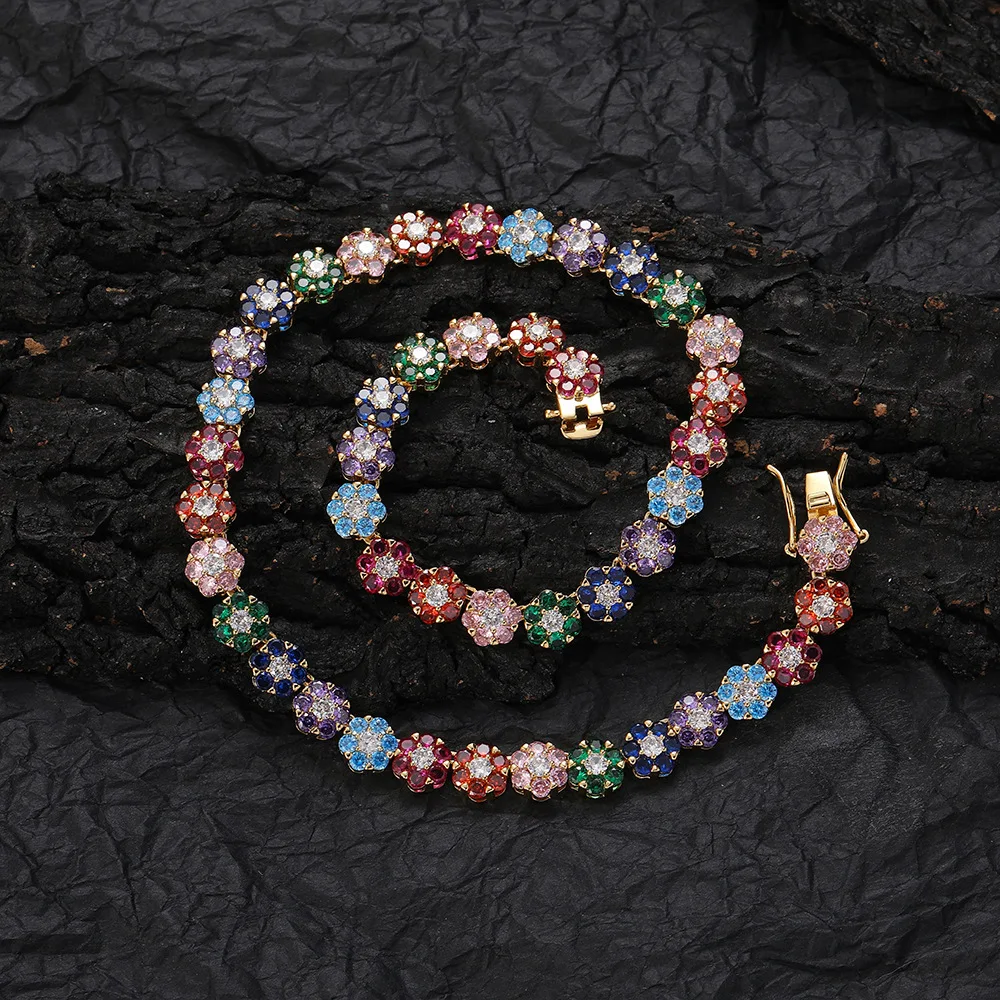 Trendy 2022 Fashion Summer Hip Hop Jewelry Iced Out Diamond Flowers Necklace Rainbow 9mm Floral Tennis Chains for Women Men