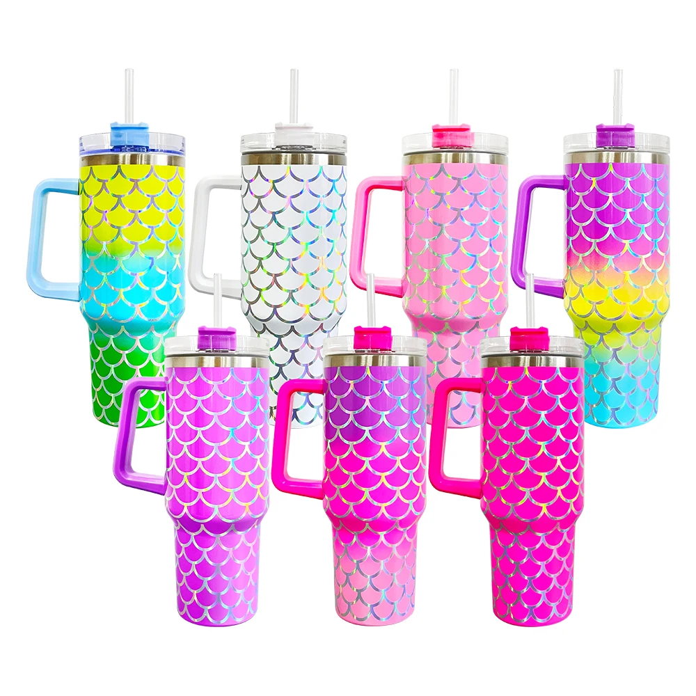 USA warehouse Wholesale 40oz holographic mermaid scales stainless steel tumbler with handle and straw for girl boy family gift