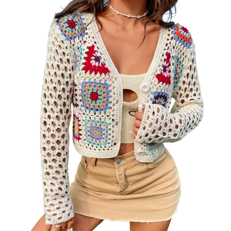 Floral Crochet Openwork Cardigan sweater with custom design  woven tapestry sweater custom oem custom sweater