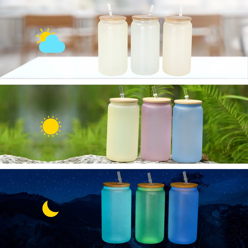AGH New Arrival 16oz Frosted UV Color Changing Glow in the Dark Sublimation Glass Beer Can with Bamboo Lid