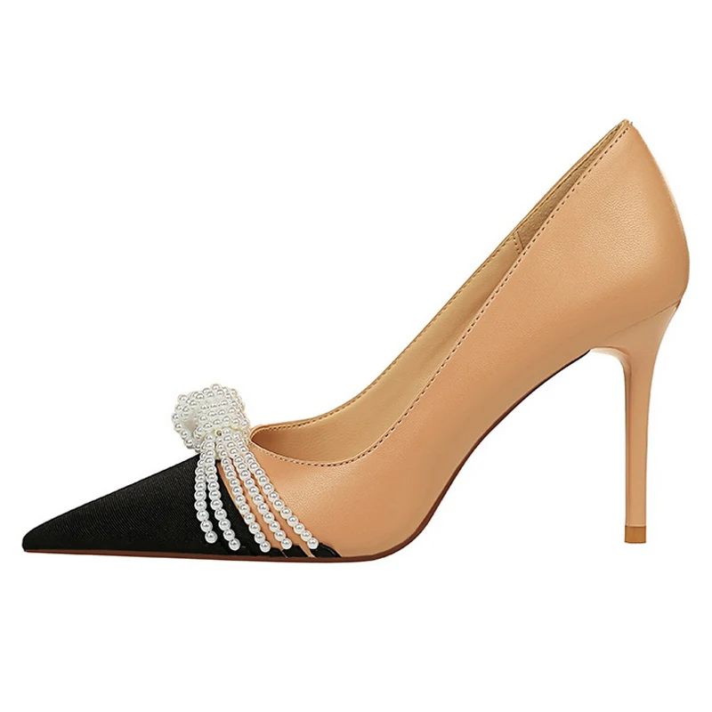 Size 34-43 Women Pumps Mixed Color Fashion Pointed Toe Thin Heel New Style String Beaded Office Ladies Spring Footwear