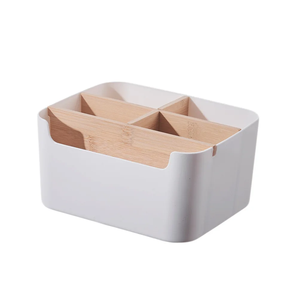 Eco-friendly Bamboo Desk Organiser With 5 Compartments Plastic Office Pen Holder Storage Box Pens Cosmetics Office Essentials