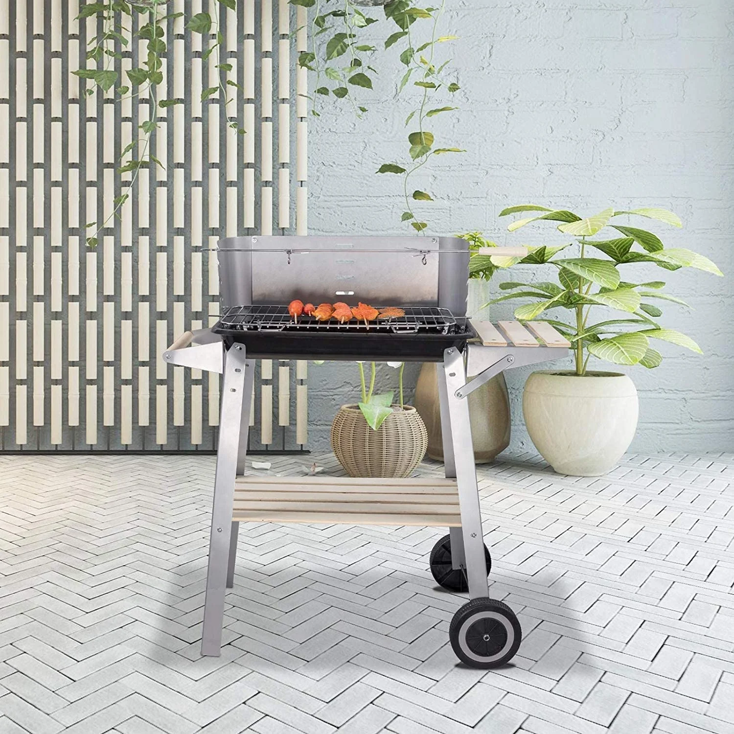 OEM ODM Support Portable Heavy Duty Steel BBQ Grill with Wheels Outdoor Barbecue Grill Trolley