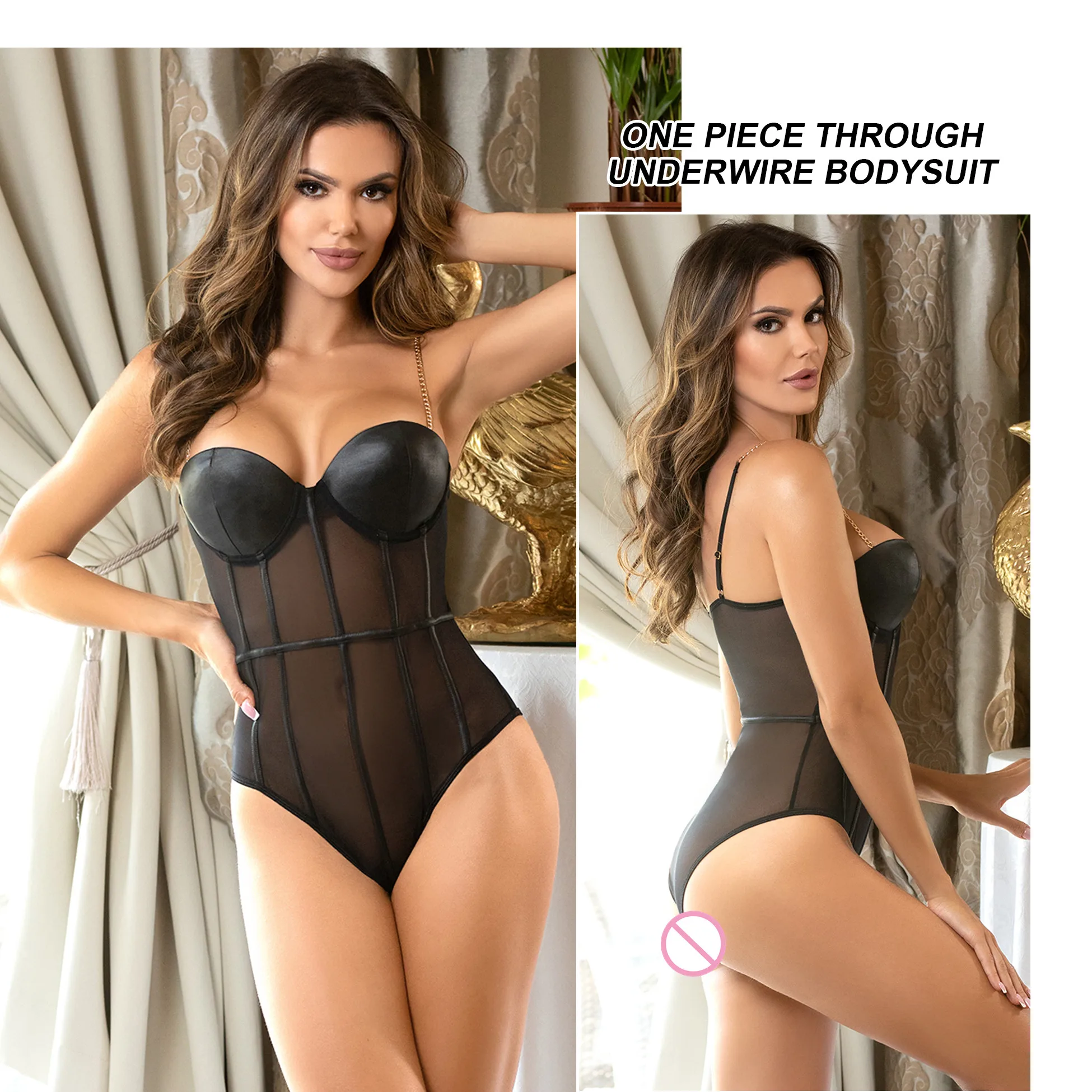 Fashion Style One Piece Metal Strap See Through Mesh Underwire Bodysuit Crotch Openable Sexy Bodysuit Lingerie for Women
