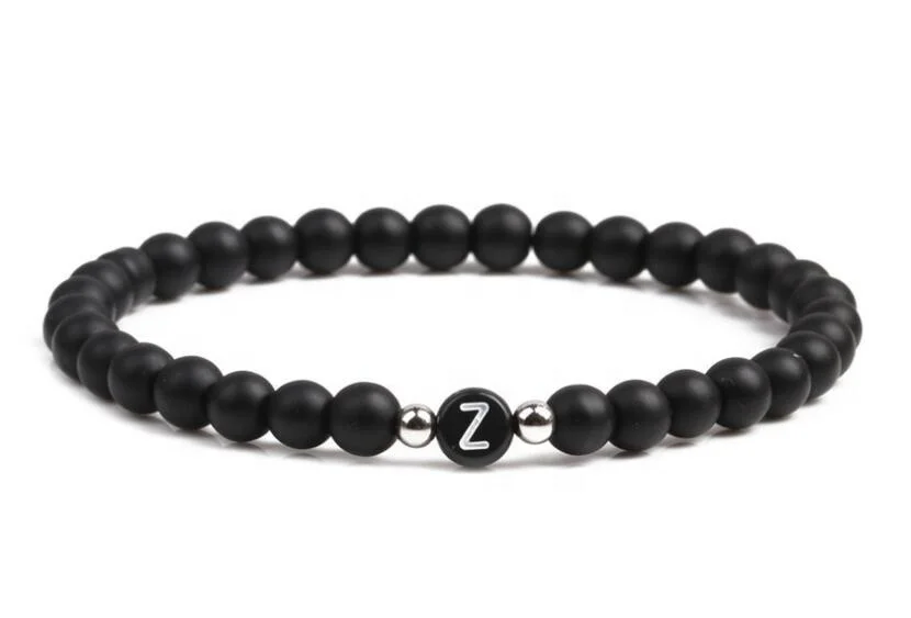 Promotion 26 letter A to Z Natural black agate beads bracelet 6mm name bracelets for men