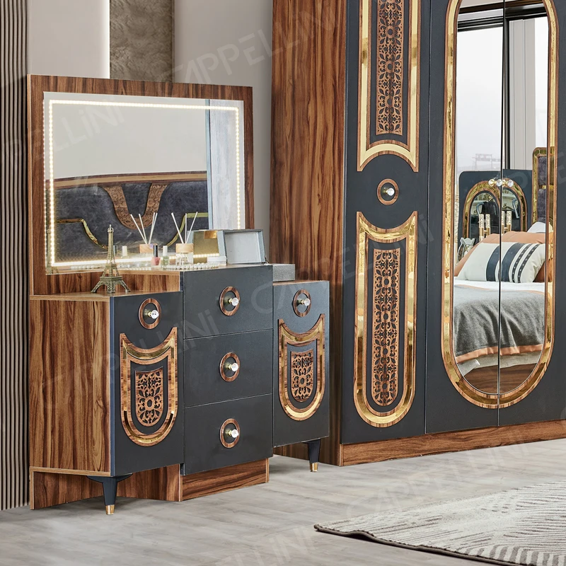 Turkish Royal Style Wood Frame Double King Size Bed Home Wooden Mdf Full Leather Modern Luxury Master Bedroom Furniture Set