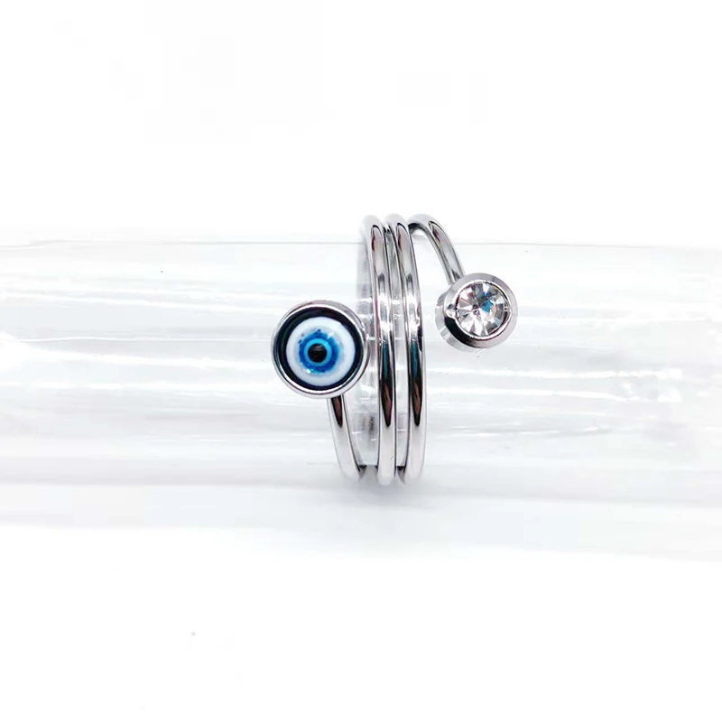 Stainless Steel Evil Eye Ring Silver Crystal Turkish Blue Eyes Adjustable Open Rings For Women Men