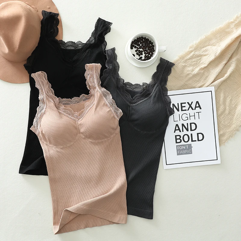 Seamless Nylon Spandex v-neck padded camisole with built in bra vest and tanktop with pad