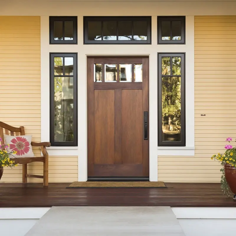High quality Original factory front door with sidelites exterior doors external wooden Modern glass Front wood doors