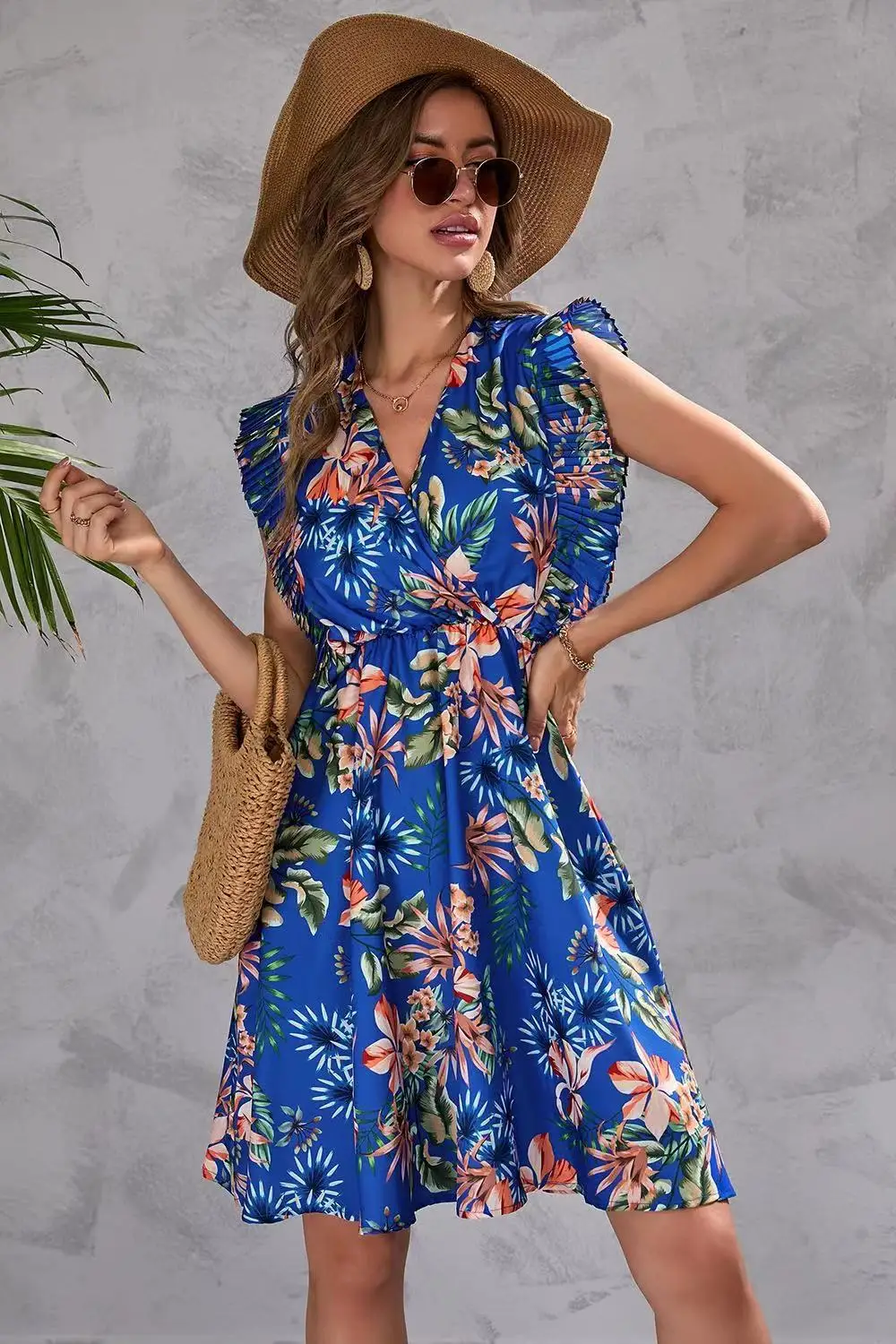 Casual Designer Women Summer Pattern Print V-Neck Tuning Mid Skirt Sleeveless Girls Dress Lady Ropa