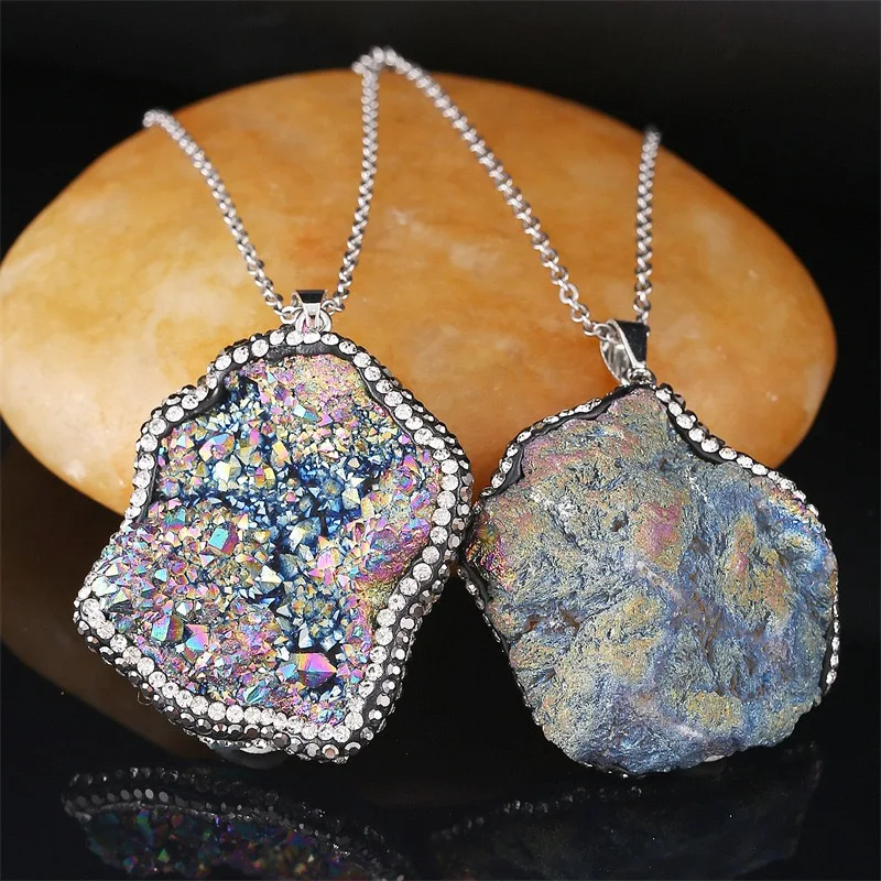 Hot selling Natural crystal stone plating color handmade with diamond Drusy pendant for jewelry