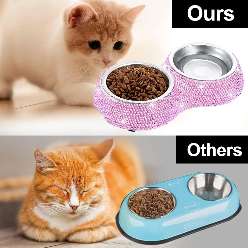 Diamond Style Small Dog Bowls Pet Bowls Double Food Water Feeder Pink, Handmade Bling Rhinestones Stainless Steel 1 Pc Rounded