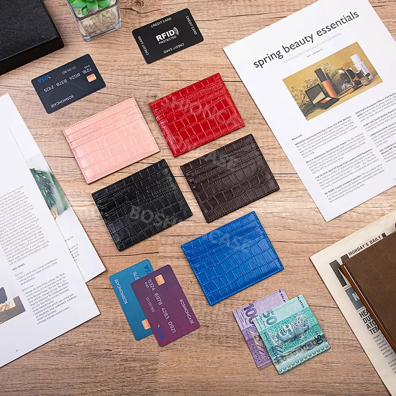 minimal slim Wallet Business minimalist RFID blocking coin Credit ID Card Holder Split crocodile leather men Card Case