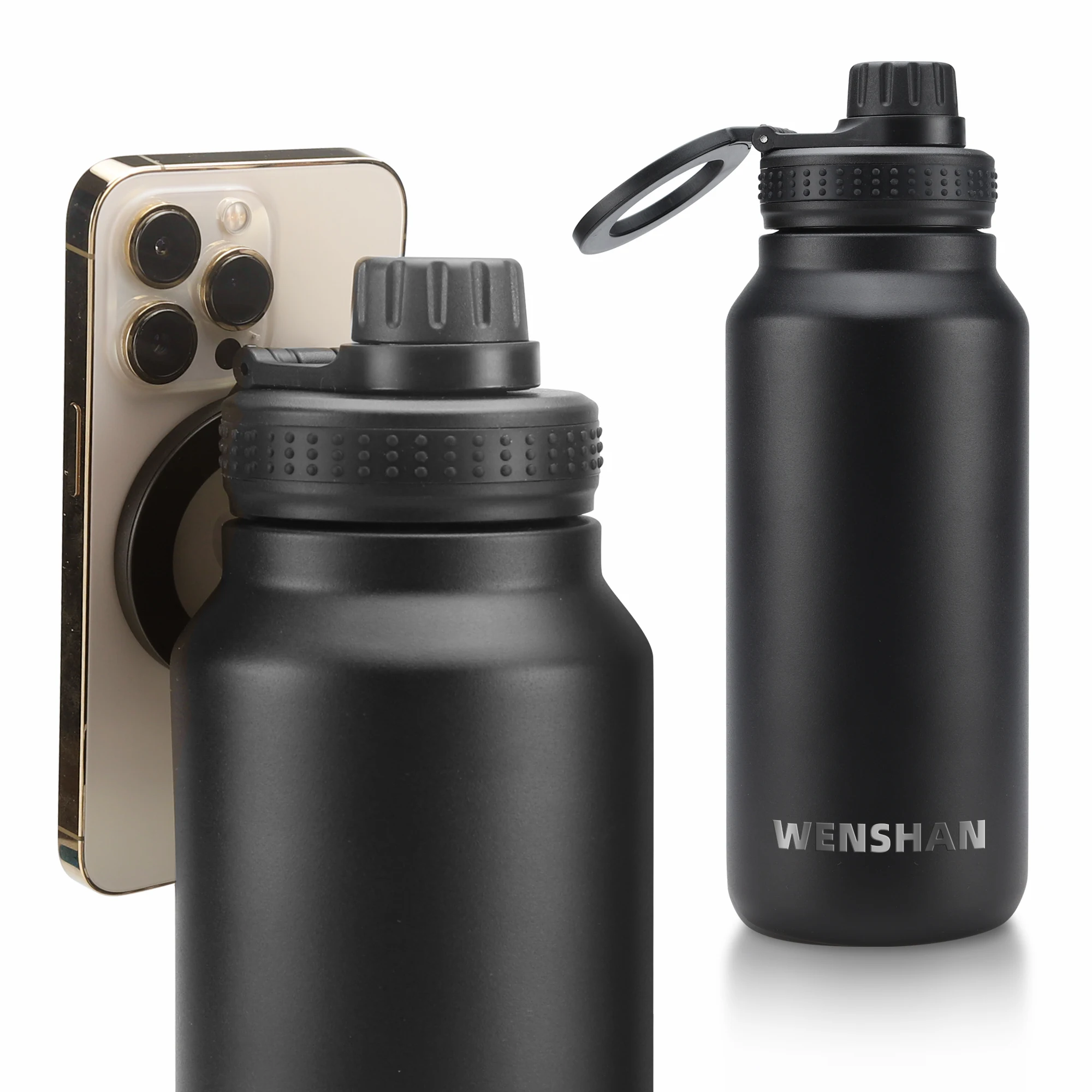 Stainless steel water bottle with Magnetic lid phone holder, Magnetic attraction your mobile phone, Adapt to multiple capacities