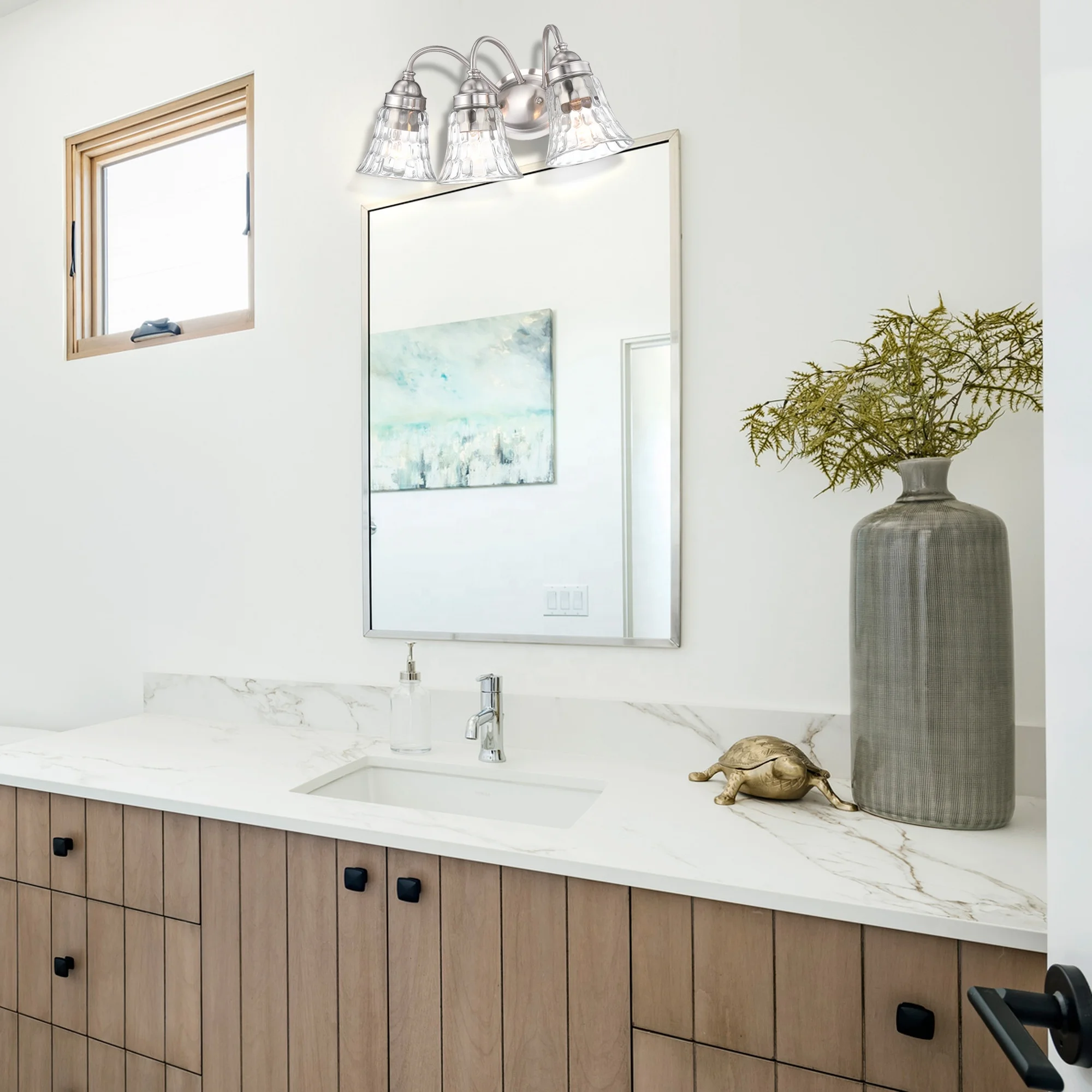 3-Light Bathroom Vanity Light Fixture Brushed Nickel Industrial with Hammered Glass Shade over mirror dressing Table