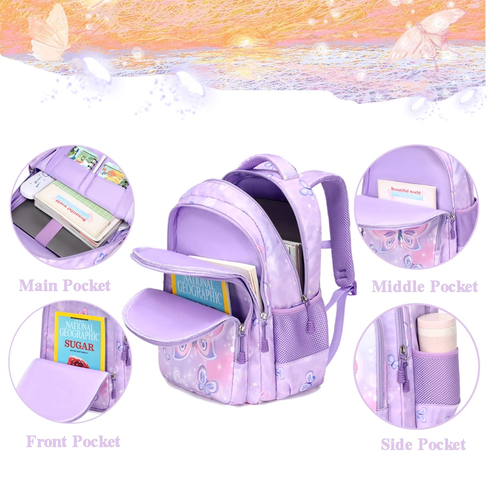Casual 3-in-1 Purple Bead Butterfly Kids Polyester School Backpack Set Durable Waterproof Book Bag Cute Logo Teenage Boys Girls