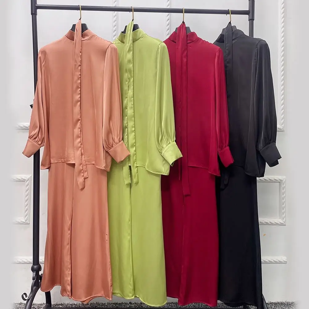 Colorful Wholesale 2 Pieces Plain Women Modest Tops and Pants Malaysia Dubai Satin Abaya Set Muslim Islamic Clothing