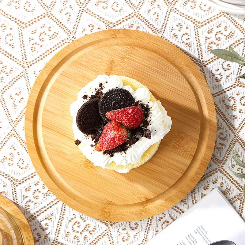 Creative Bamboo Plates for Kids Serving Tray Rotating Tray Wood Bamboo Cake Tray with Glass Cover