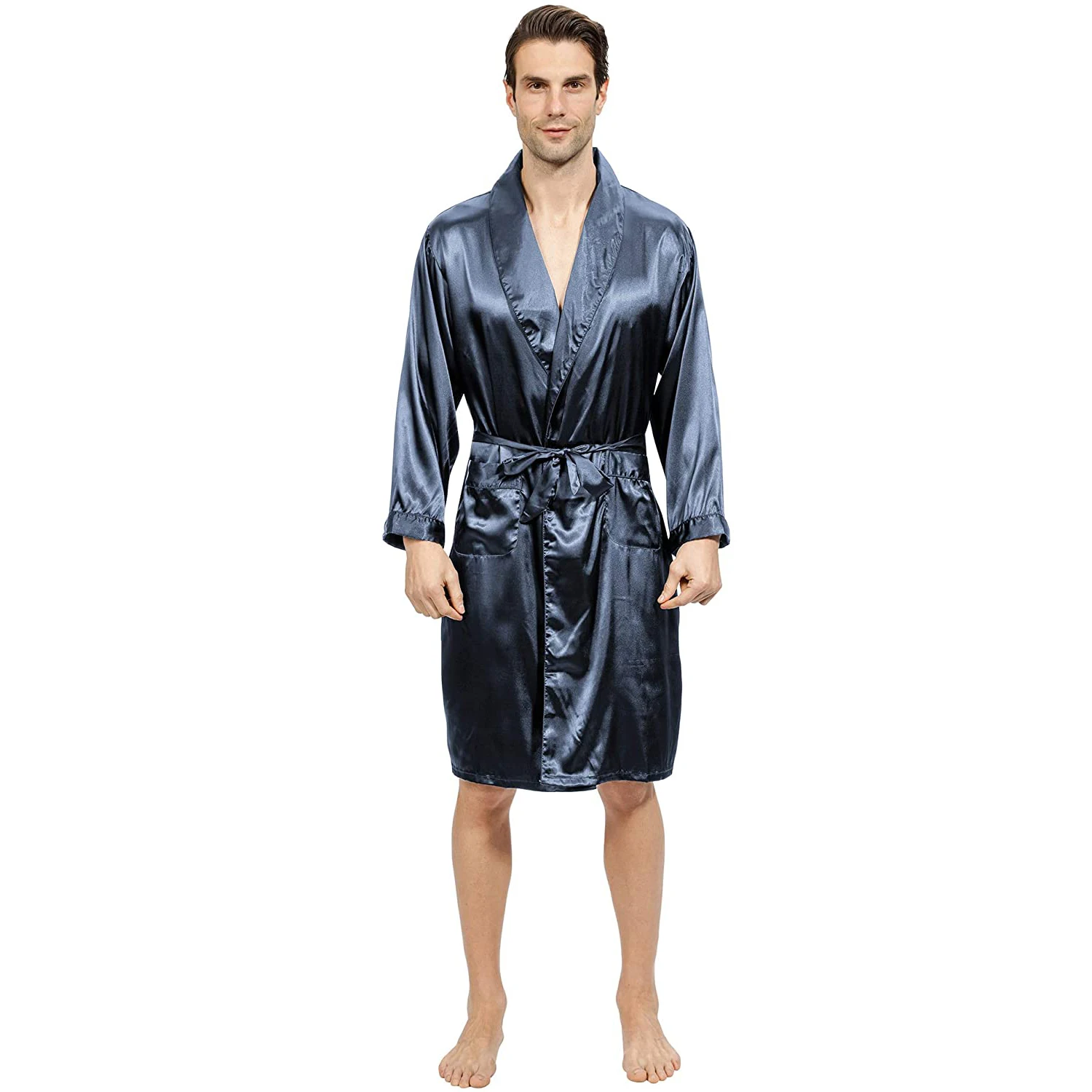 Mens Satin Robe Lightweight Silk Spa Bathrobe with Shorts Nightgown Long Sleeve House Kimono Printed Bathrobe Set