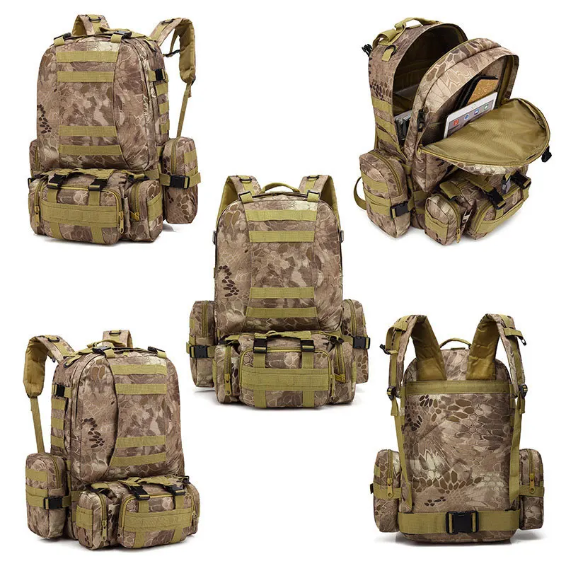 Two Small Bags Equipped Tactical Backpack Practical Sport Bags Hiking Big Capacity 180-Degree Opening Gym Backpack For Outdoor