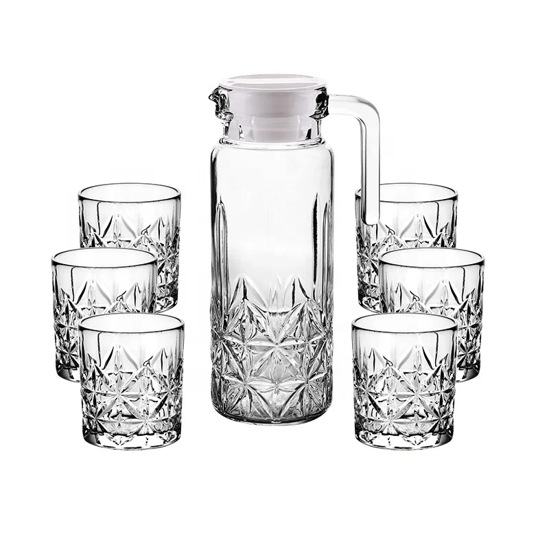 Glass water jug carafe and cups set with golden rim cups set shrinking sets juice cold drinks jar stock home drinking ware