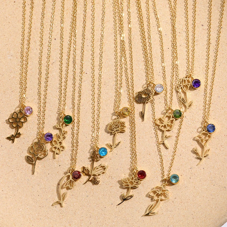 Minimalist 12 Month Birth Flower Necklace Jewelry Stainless Steel Necklace Zircon Birthstone Necklace For Women