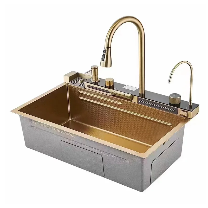 Stainless Steel single Bowl Anti-rust Handmade Digital Display Intergrated faucet double waterfall Bottom Golden Kitchen Sink