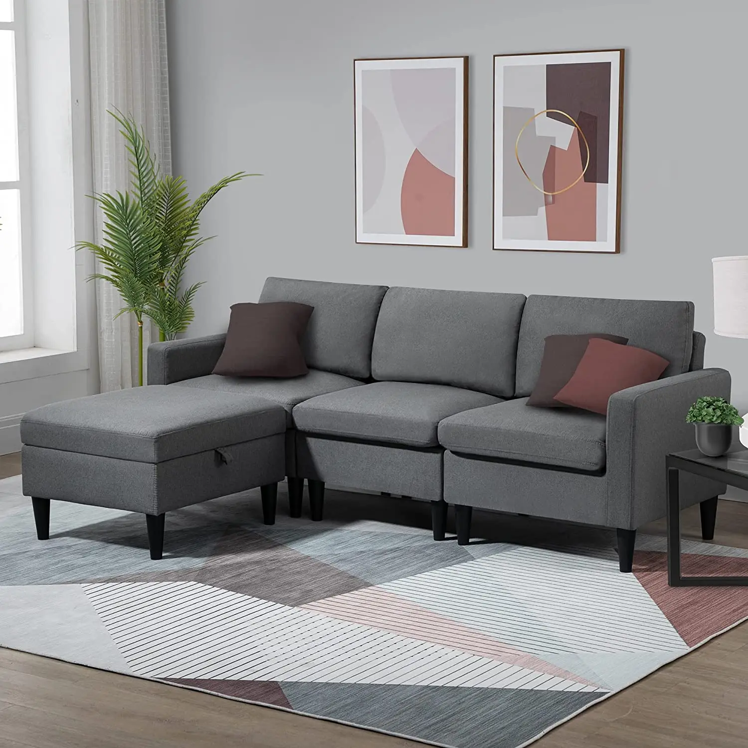 Sans L Shaped 3 Seater Brown Fabric Convertible Sectional Sofa With Reversible Chaise For Living Room