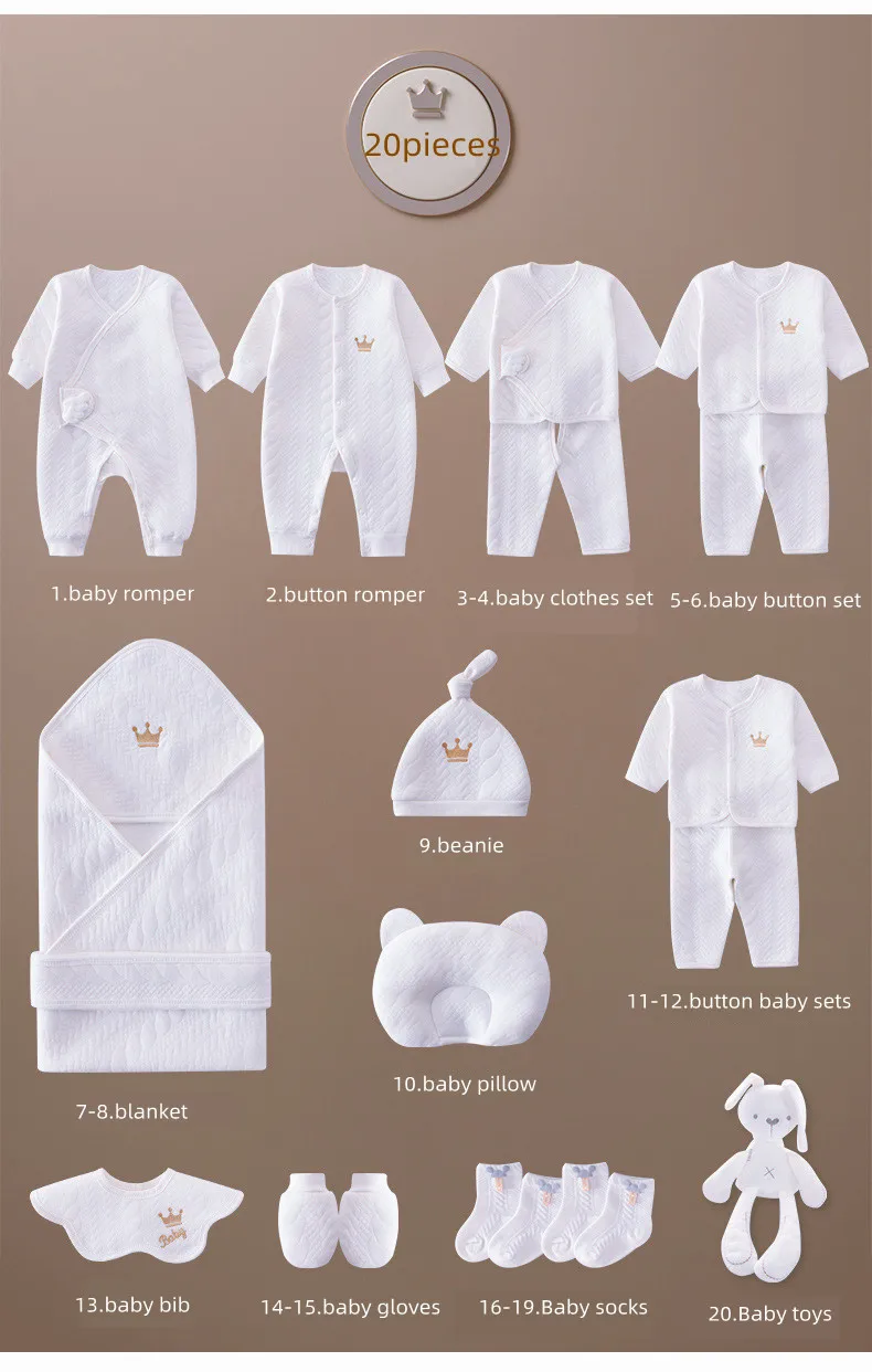 2023 Newborn Baby Kids Gift Clothing Sets Soft Cotton Layette 20 Pieces Baby Romper Sets Newborn Bodysuit Blanket Beanie Spring
