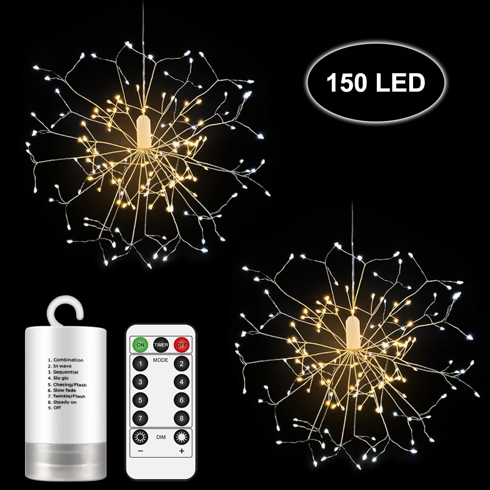 150 LED firework lights DIY led lights for Christmas indoor outdoor decoration battery operated hanging starburst light