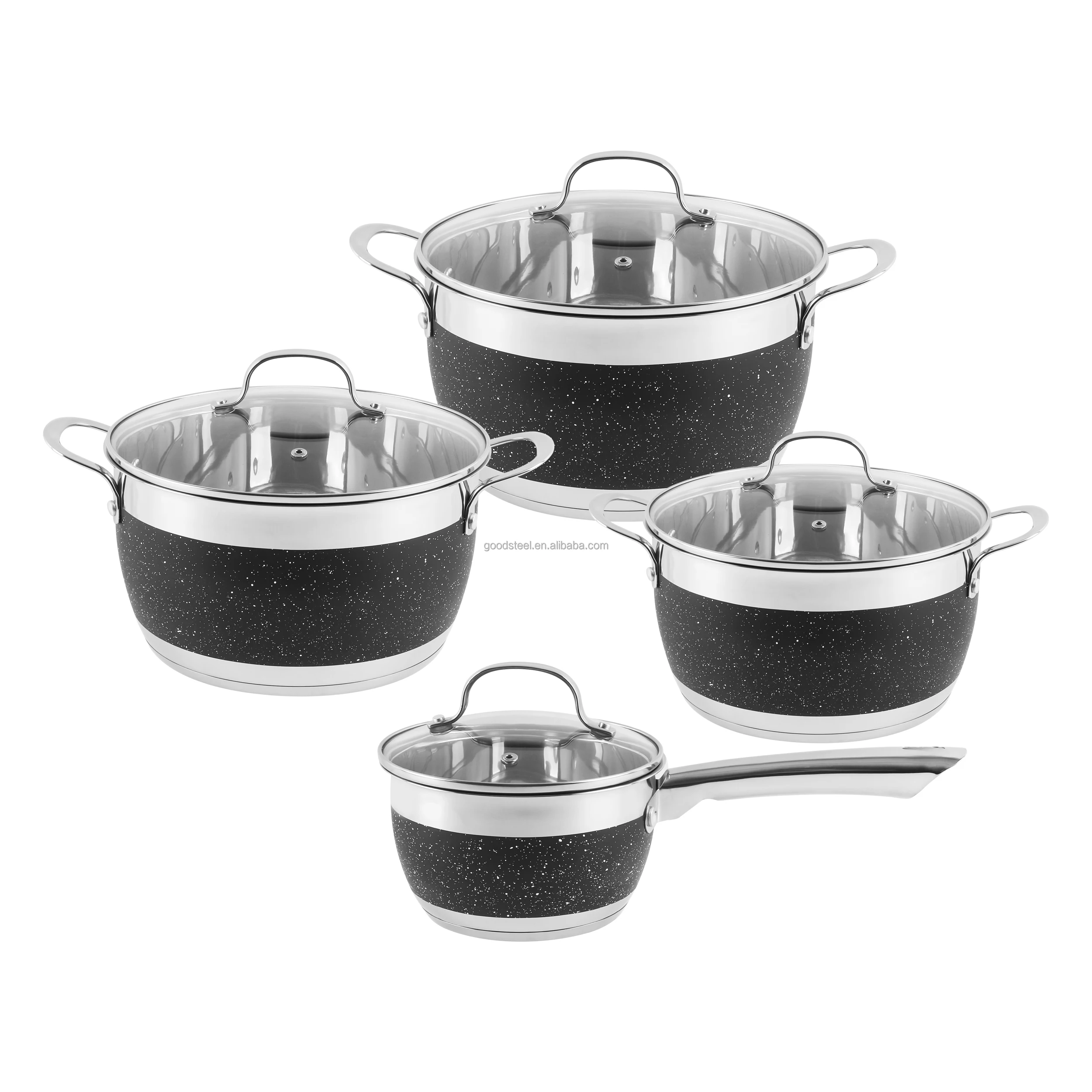 Hot selling 8-Piece Marble Painted Stainless Steel Cookware Set East Europe Design Iron Glass Metal Cooking Pot Collection