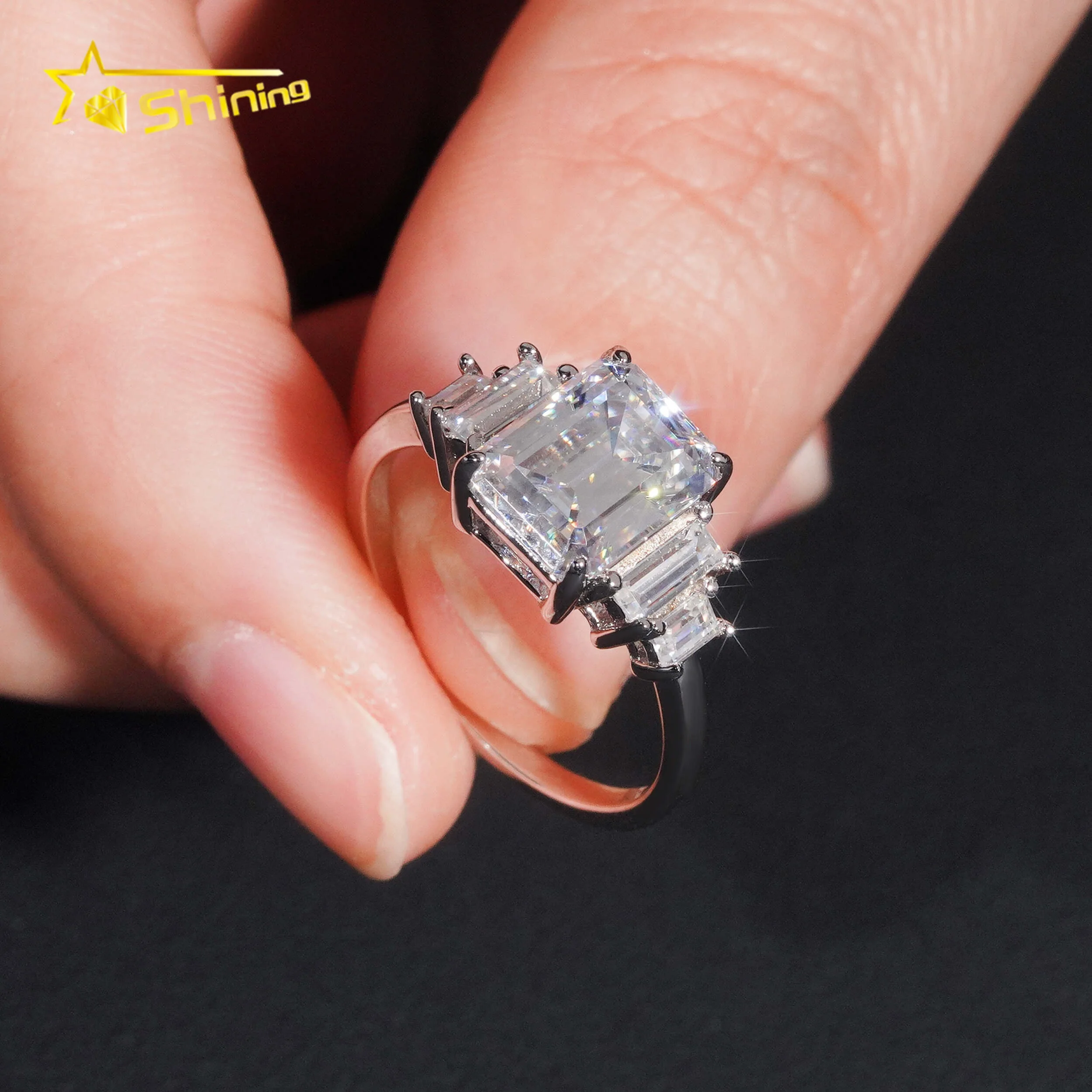 Wholesale Gold Plated Rhodium Plated Vvs Moissanite 925 Silver Diamond Emerald Cut 3ct Women Engagement Wedding Ring