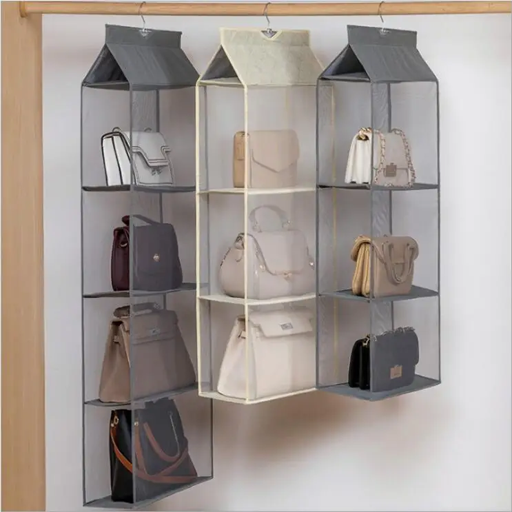 
3 4 5 shelves Collapsible Non woven Mesh Fabric Closet Hanging Handbag storage organizer with hook 