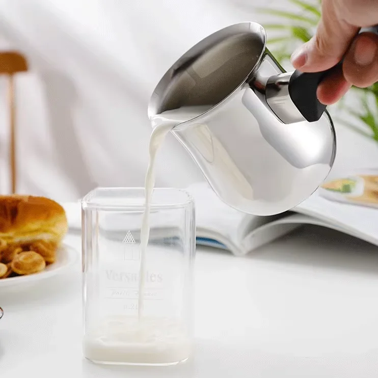 Wholesale custom multiple sizes stainless steel drum-shaped coffee pots Turkish milk frothing jug pitcher with bakelite handle
