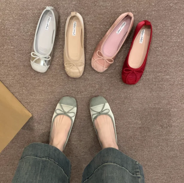 2024 new PU Leather Soft-soled Flat Shoes With Bowknot Flat Ballet Dance Shoes For Women