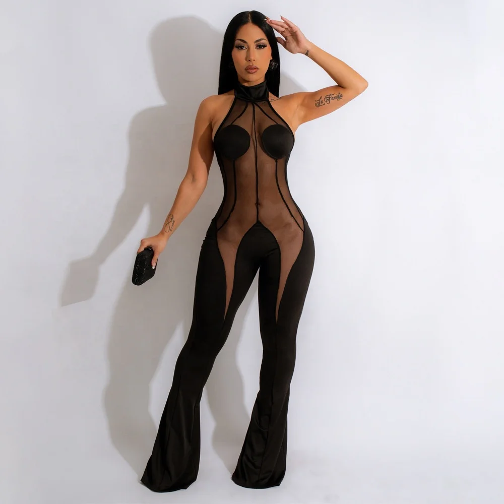 2023 Sexy club wear women jumpsuits fashion bandage see-through jumpsuit boycon one piece jumpsuits
