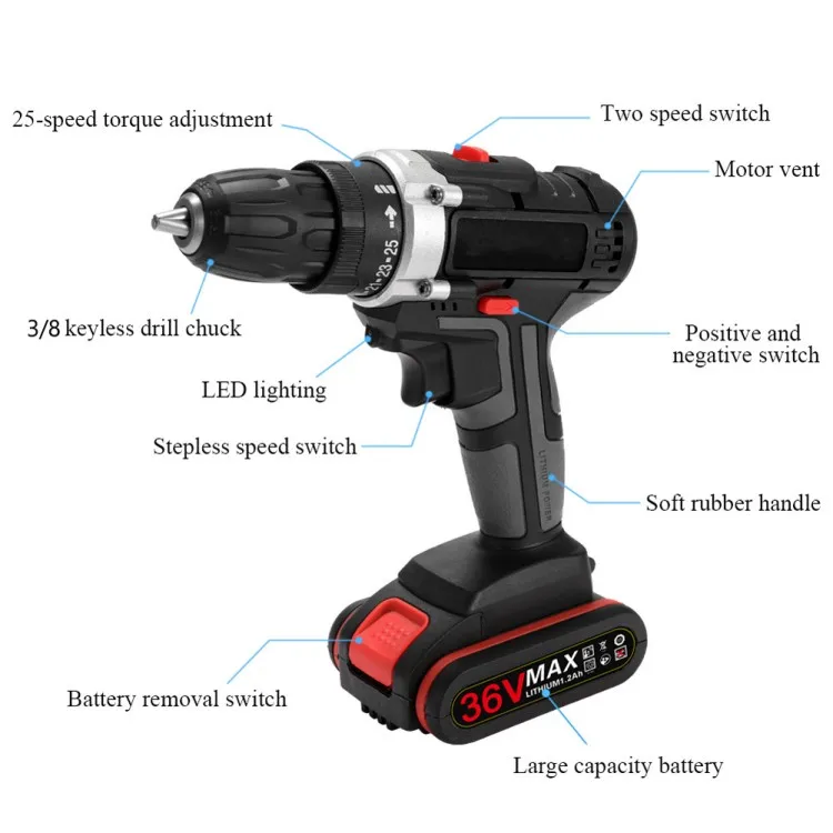 Professional Power Tools Impact Power Hammer Drill Machine 36V Cordless Lithium Battery Brushless Electric Drill Tool Set