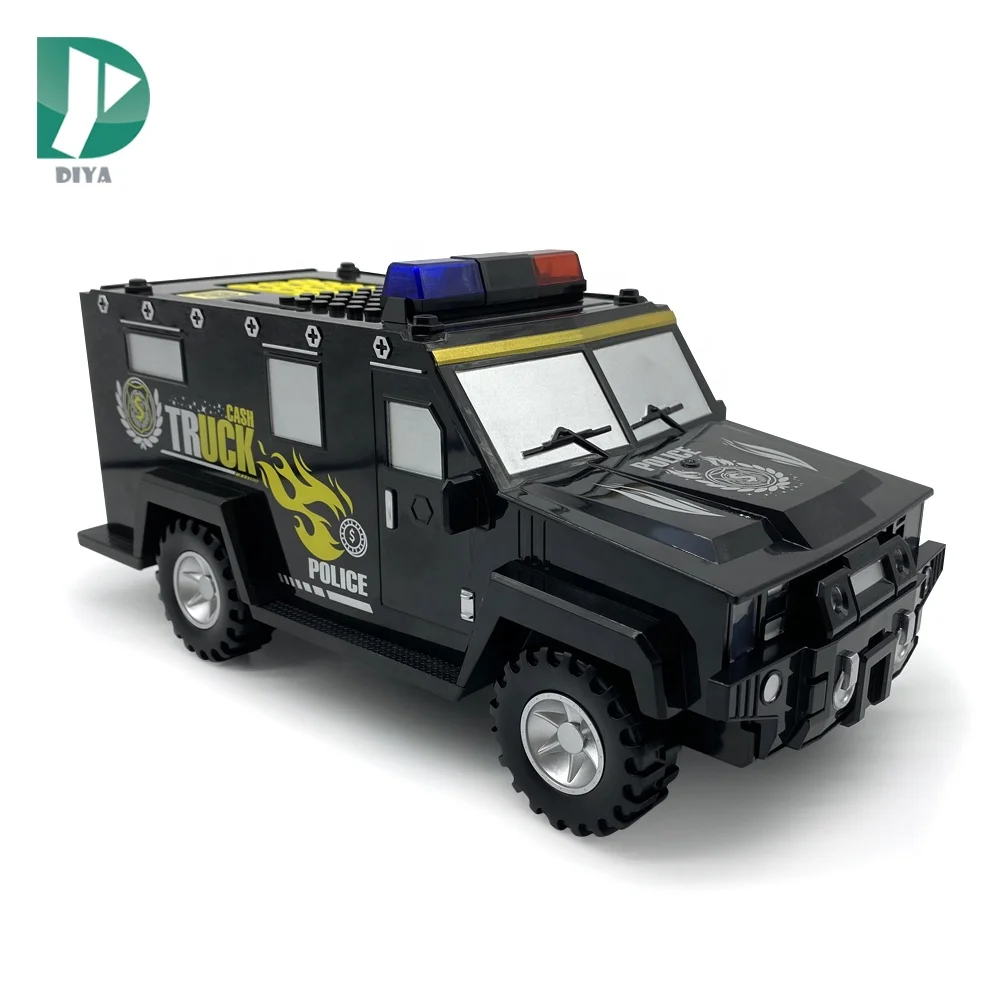 Building block police car digital piggy bank coin cash auto rolling musical fingerprint piggy bank with light