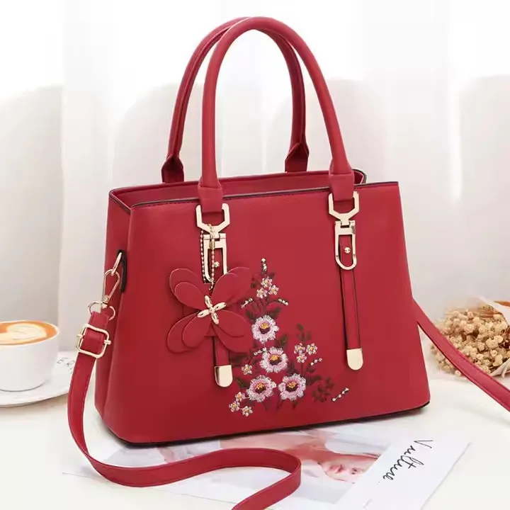 RU Navy blue embroidered floral office large designs tote shoulder handbags for women wholesale