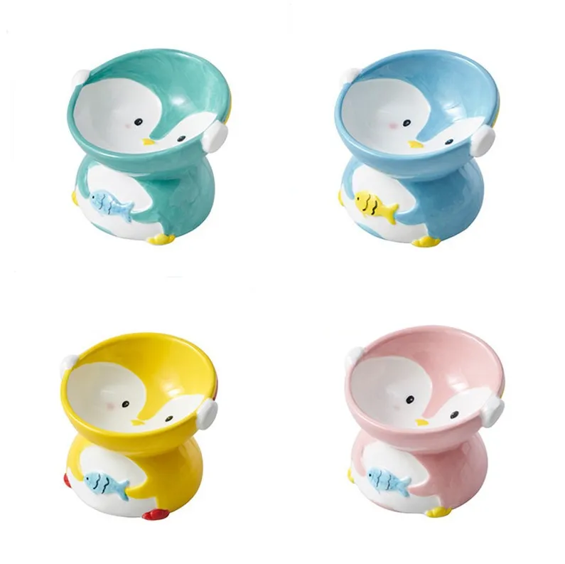 Wholesale Practical Durable Penguin Easy Clean Cat Bowl Elevated Cat Bowl Tilted Ceramic Cat Bowls