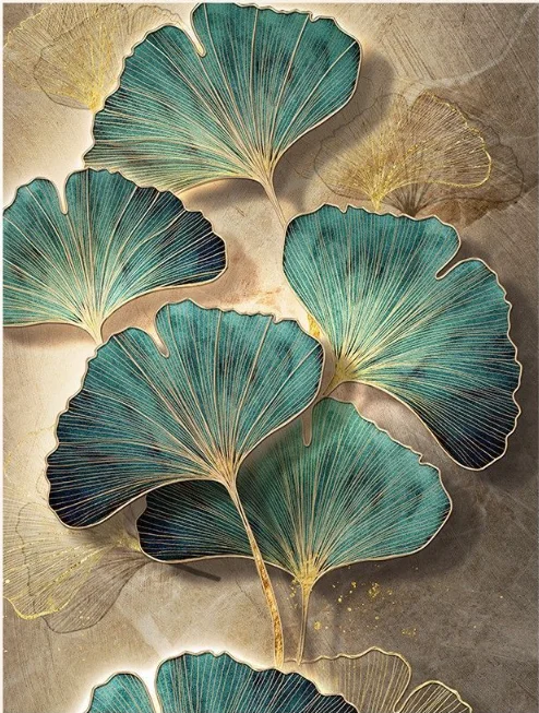 Modern Luxury Ginkgo Leaf Plant with LED Light Diamond crystal porcelain painting wall art frame home decor luxury
